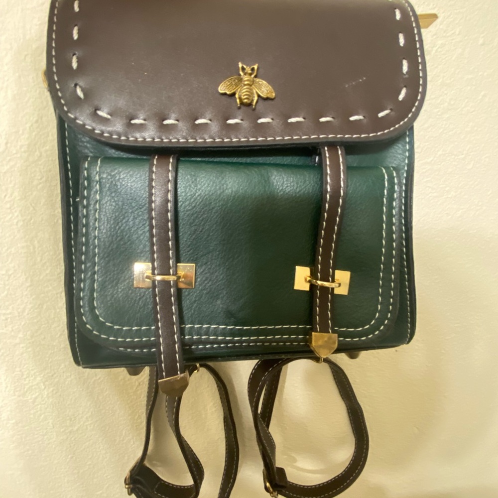 Vintage Vegan Faux Leather Backpack with Cute Bumblebee Pin
